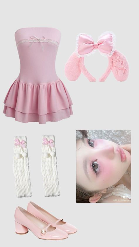 My Melody costume inspo My Melody Dress Up, My Melody Aesthetic Outfit, My Melody Halloween Costume, My Melody Costume, My Melody Cosplay, My Melody Outfit, Twin Halloween, Corset Costumes, Last Minute Costumes