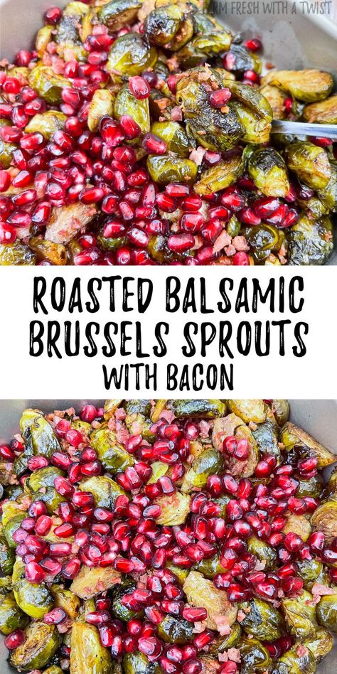 Roasted balsamic Brussels sprouts that are tossed with bacon or pancetta and topped with pomegranate seeds. Healthy Sides For Burgers, Healthy Sides For Chicken, Bbq Chicken Sides, Roasted Brussels Sprouts With Balsamic, Balsamic Brussels Sprouts, Side Dishes For Ham, Brussels Sprouts With Bacon, Bacon Brussel Sprouts, Side Dishes For Bbq