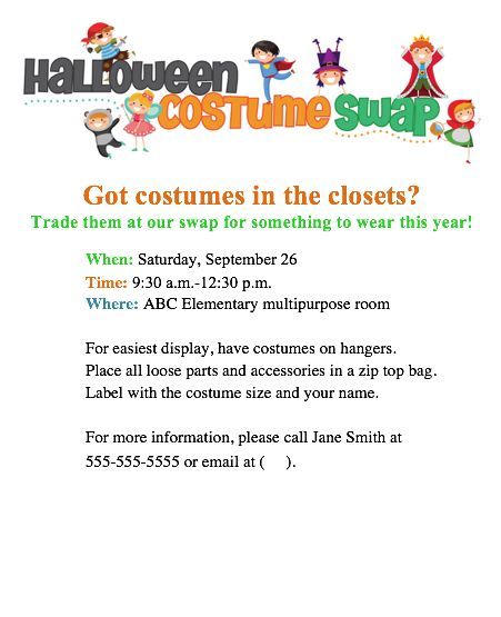 Try a Halloween Costume Swap at your school! Fun PTO or PTA event. Get the free flyer from our File Exchange. Pto Activities, Parent Council, Pta Programs, Pto Mom, Pta Board, Pto Board, Pta Events, Pta Moms, Charity Work Ideas