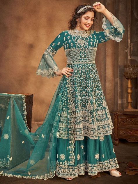 Gharara Suits, Pakistani Suits Online, Modest Evening Dress, Suits Online Shopping, Palazzo Suit, A Line Kurta, Anarkali Kurta, Indian Clothing, Suits For Sale