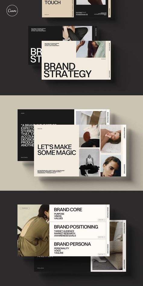 Canva Brand Strategy Framework Templates Research Framework Design, Branding Package Template, Brand Strategy Presentation Design, Branding Identity Presentation, Brand Ppt Design, Branding Project Presentation, Best Canva Presentation Templates, Branding Strategy Templates, Brand Book Design Layout