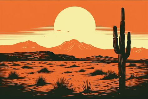 Desert landscape outdoors nature. AI generated Image by rawpixel. | premium image by rawpixel.com / Nunny Western Landscape Illustration, Desert Silhouette, Silhouette Sunset, Sunset Graphic, Americana Art, Western Landscape, Cactus Desert, Cowboy Party, Saguaro Cactus