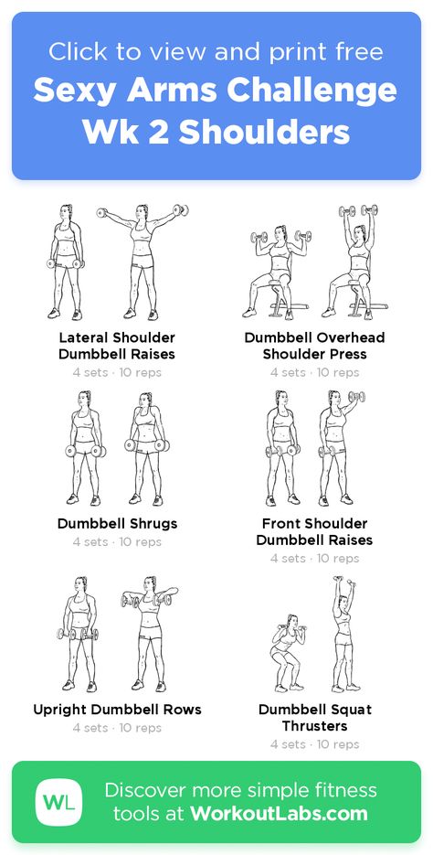 Sexy Arms Challenge Wk 2 Shoulders – click to view and print this illustrated exercise plan created with #WorkoutLabsFit Slim Shoulder Workout, Dumbell Workout For Arms, Arms Challenge, Shoulder And Arm Workout, Workoutlabs Fit, Free Weight Workout, Dumbbell Arm Workout, Workout Labs, Arm Challenge