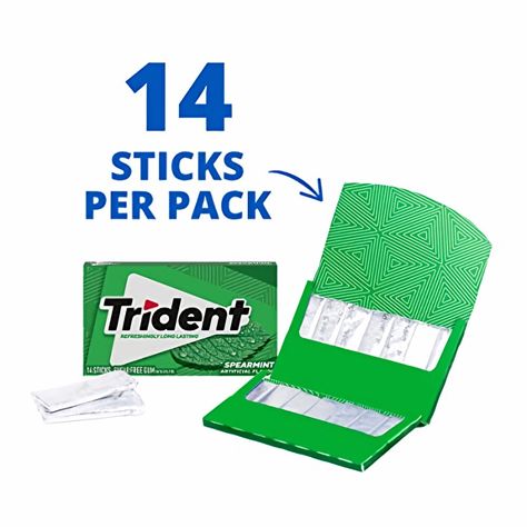 Trident Spearmint Sugar Free Gum is a delicious way to freshen breath and protect your teeth. This gum puts on a green super hero cape and becomes the Cool Crusader of Spearmint Freshness. With 30% fewer calories than sugared gum, Trident spearmint gum is sweetened with xylitol, a naturally occurring sugar alcohol. The ADA Council on Scientific Affairs found that the physical act of chewing Trident sugarless gum for 20 minutes after eating stimulates saliva flow which helps to prevent cavities by reducing plaque acids and strengthening teeth. Each individual pack is designed so the gum stays inside, making it easy to toss in your car, backpack or desk drawer. These sticks of mint gum are individually wrapped for freshness. Gum Trident, Gum Pack, Spearmint Gum, Super Hero Cape, Mint Gum, Sugar Free Gum, Superhero Capes, How To Prevent Cavities, Desk Drawer