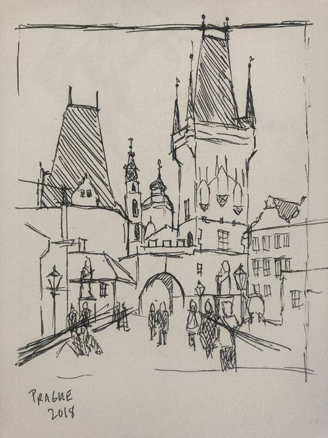 Prague Sketch, Building Sketches, Travel Prague, Prague Charles Bridge, Daily Sketching, Architecture Drawing Sketchbooks, Sketching Art, Travel Sketchbook, Urban Sketch