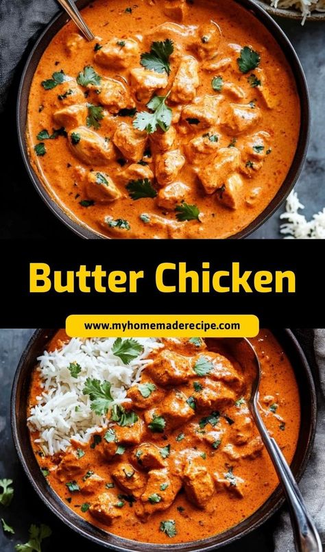 This Butter Chicken is a creamy and flavorful Indian dish that’s easy to make at home! Tender chicken simmered in a rich tomato sauce makes for a delicious meal served with rice or naan. Indian Butter Chicken And Naan, Sweet Butter Chicken Recipe, Butter Chicken Authentic, Chicken Sauce For Rice, Buttered Chicken Recipes, Butter Chicken With Coconut Milk, Authentic Butter Chicken Recipe, Butter Chicken And Naan, Butter Chicken With Naan