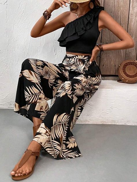 Tropical Print Pants Outfit, Tropical Attire For Women, Tropical Chic Outfit, Boho Pants Outfit, Tropical Party Outfit, Boho Tropical, Black Boho, Top And Pants Set, Maxi Dress Formal