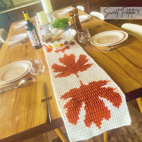 Crochet a Fall Table Runner with Maple Leaves - Sweet Potato 3 Fall Leaves Table Runner, Table Runner Crochet Pattern, Runner Crochet Pattern, Maple Leaf Table Runner, Hot Pads Tutorial, Table Runner Crochet, Leaves Table Runner, Crochet Fall Decor, Runner Crochet