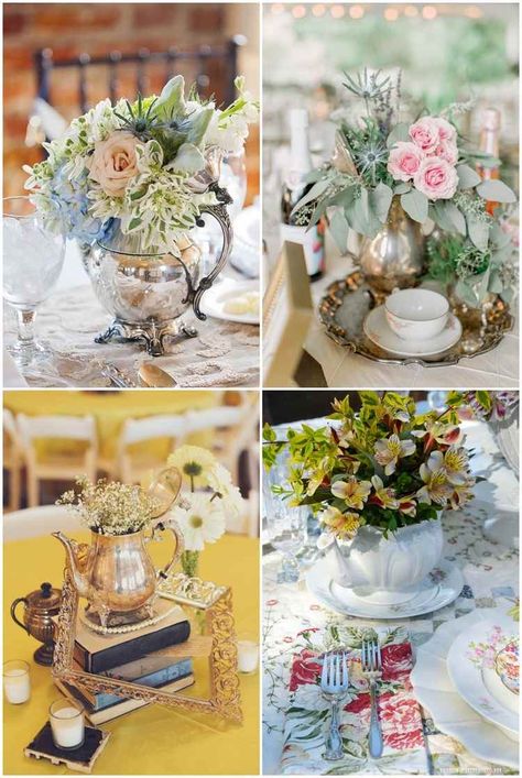 Tea Party Floral Centerpieces, High Tea Centre Pieces Table Settings, Tea Time Centerpieces, Tea Set Centerpiece, Bridal Shower Tea Party Centerpieces, Teapot Table Centerpieces, Teapot Centerpiece Ideas, Flowers In Teapots Centerpiece, Ladies Tea Centerpieces