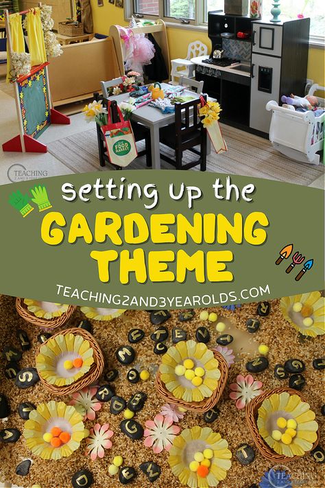 This week our toddler and preschool classroom is set up for the gardening theme. We will have lots of hands-on, playful learning activities that relate to nature and gardening, including a flower market! Free printable market signs! #preschool #toddler #flowers #flowermarket #dramaticplay #classroom #spring #play #teachers #printable #AGE2 #AGE3 #AGE4 #teaching2and3yearolds Garden Preschool Activities, Preschool Gardening, Cognitive Development Activities, Garden Preschool, Garden Activity, Creative Curriculum Preschool, Preschool Theme Activities, Toddler Play Area, Daycare Themes