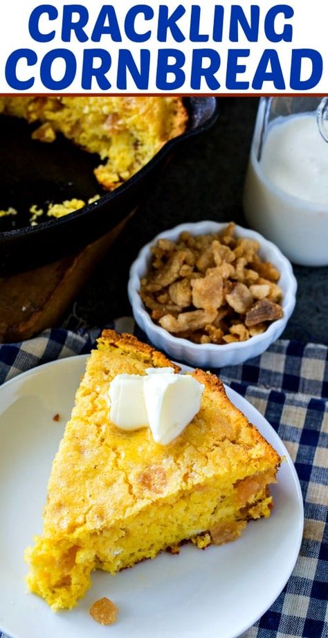 Crackling Cornbread with crushed pork cracklings #southern #cornbread #pork Crackling Cornbread Recipes, Crackling Bread Recipe, Crackling Bread, Bbq Apps, Crackling Cornbread, Cornbread Dishes, Cornbread Recipes, Thanksgiving Dinners, Bread Dough Recipe