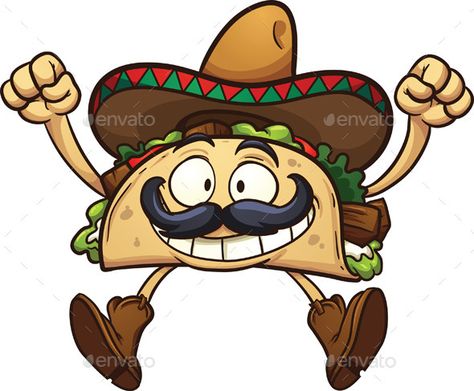 Cartoon Taco (CS, cartoon, character, excited, gradient, happy, illustration, isolated, jumping, mexican, mustache, sombrero, taco, vector) Taco Images, Taco Cartoon, Taco Quote, Salsa Bar, Tacos Mexicanos, Free Emoji, Mexican Sombrero, Emoji Birthday, Mexican Party Theme