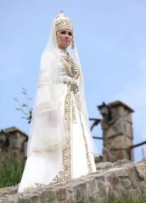 Balkar girl traditional wedding dress Caucasus people Caucasian Clothes, Hijab Gown, National Clothes, Folk Dresses, Traditional Wedding Dresses, فستان سهرة, Bride Gowns, Folk Costume, Historical Clothing