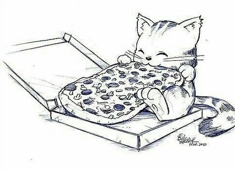 Illustration, cat eating pizza Pizza Drawing, Cute Cat Drawing, Art Mignon, Drawing Faces, Dessin Adorable, Cat Eyes, Anime Cat, A Pizza, Fantasy Illustration