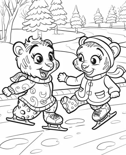 ↑↑↑ Larger size on website 🔸 The image shows two cartoon tigers ice skating on a frozen pond. They are wearing warm winter clothe 🔸 From Midjourney AI Image Ice Skating Coloring Pages, Warm Winter Clothes, Frozen Pond, Charmed Characters, Cartoon Tiger, Winter Outfits Warm, Black And White Lines, Snow Leopard, Beautiful Lakes