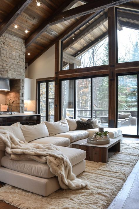 29 Rustic Home Design Ideas to Bring Cozy Charm to Your Space 1 Rustic Modern House Interior, Living Room Designs Windows, Wood Aesthetic House, Rustic Modern Furniture, Minimalist Country Home, Rock Wall Interior Living Room, Farm Home Aesthetic, Old Modern House Interior Design, Modern Rustic House Interior