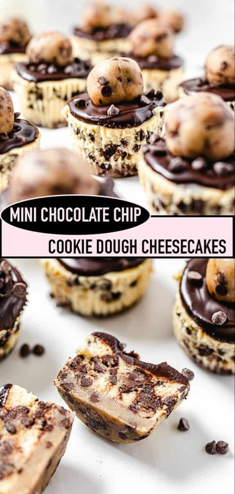 Cookie Dough Cheesecake Cupcakes, Edible Cheesecake Filling, Cookie Dough Mini Cheesecake, Mini Cookie Dough Cheesecake, Cookie Dough Desserts Recipes, Unique Cheesecakes, Mini Cookie Cakes, Edible Cookie Dough Balls, Mini Chocolate Desserts