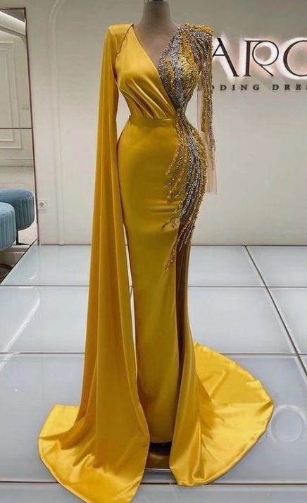 Long Sleeve Prom Dress Mermaid, Gold Evening Dresses, Beaded Evening Gowns, Prom Dresses Yellow, Gown Plus Size, Evening Dresses With Sleeves, Long Sleeve Prom, Long Sleeve Evening Dresses, Satin Prom Dress