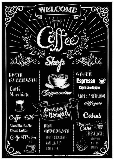 Cafe Menu Boards, Cafe Chalkboard, Chalk Menu, Coffee Chalkboard, Chalkboard Wall Art, Cafe Menu Design, Blackboard Art, Coffee Shop Menu, Menue Design