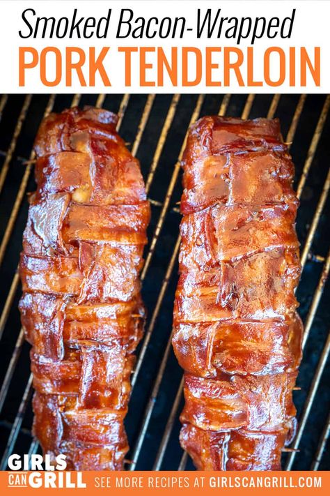 Bacon Wrapped Pork Tenderloin Recipes, Bacon Wrapped Pork Loin, Wrapped Pork Tenderloin, Easy Smoker Recipes, Bacon Wrapped Sausages, Grilled Pork Loin, Savory Bacon, Bacon Wrapped Pork Tenderloin, Smoked Pork Loin