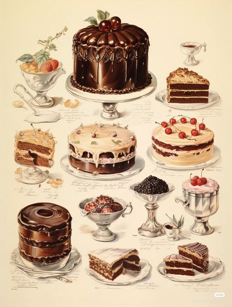 Vintage Bakery Poster, Pastry Illustration Drawings, Vintage Food Illustration, Cake Drawing Aesthetic, Vintage Bakery Aesthetic, Pastries Aesthetic, Pastry Illustration, Chocolate Pastries, Bakery Illustration