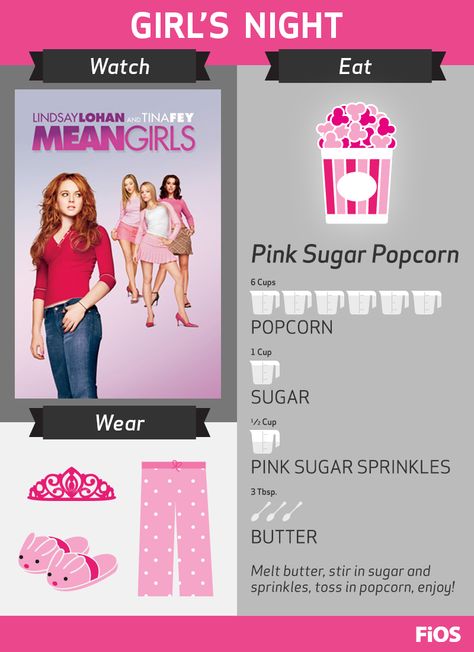 Regina George would want your next FiOS #MovieNight sleepover party to include Mean Girls -- and don't forget to make the Pink Sugar Popcorn recipe! Sugar Popcorn Recipe, Sugar Popcorn, Mean Girls Party, Girls Night Movies, Sleepover Stuff, Pink Popcorn, Mean Girls Movie, Teen Party Games, Sleepover Birthday Parties