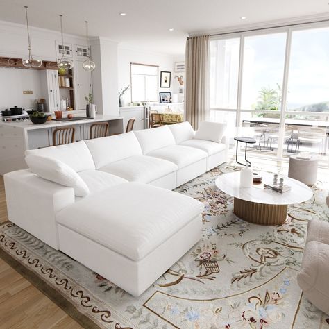 Rugs For Sectional Couch, White Living Room Sofa, White Sectional Living Room, White Sofa Living Room Ideas, White Couch Living Room Decor, Contemporary Living Room Sofas, Sectional Sofa Living Room, White Couch Living Room, Housing Inspiration