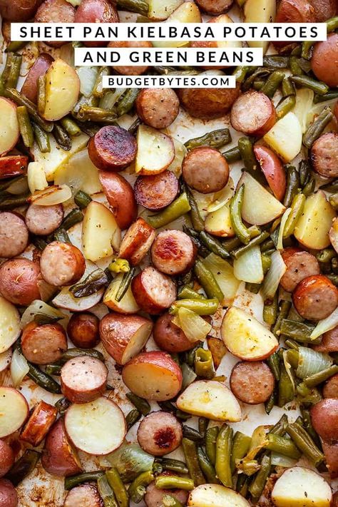 Sheet pan meals don't get an easier or more delicious than this Sheet Pan Kielbasa Potatoes and Green Beans dinner. Budgetbytes.com Sheet Pan Kielbasa, Green Beans Dinner, Sausage Potatoes Green Beans, Kielbasa Potatoes, Pan Green Beans, Beans Dinner, Sausage And Green Beans, Turkey Kielbasa, Kielbasa And Potatoes