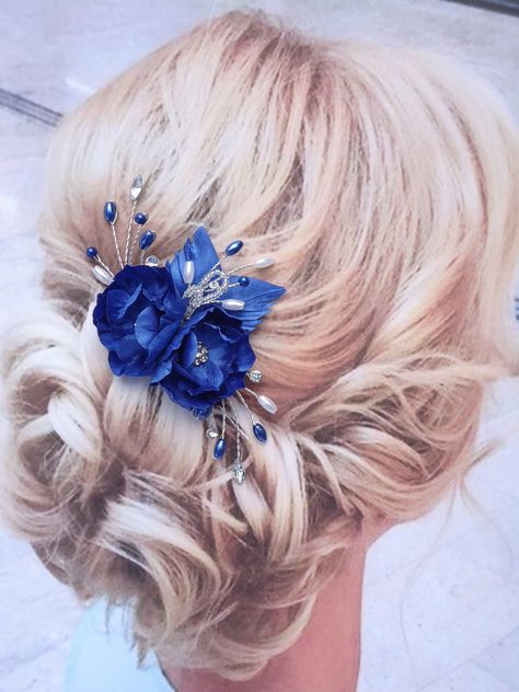 Bridal Hair Pin, Blue Hair Pin, Floral Hair Pin, Wedding Hair Piece, Bridal Headpiece, ND792 Royal Blue Flower Crown, Blue Flower Hair Piece, Wedding Dress With Blue Accents, Small Bridal Veil, Blue Headpiece, Blue Hair Pins, Blue Wedding Hair, Dark Blue Wedding, Blue Hair Accessories