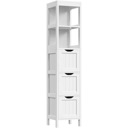 The 2-tier open storage is suitable for displaying or placing frequently-used items. And, the lower 3 drawers are suitable for storage, providing good protection against dust and dirt. A mix of open shelves and hideaway drawers brings more flexibility to your daily storage. Its ideal for storing and organizing toilet paper, towels, cosmetics, cleaning products and more. Featuring a lightweight design, the storage cabinet is convenient to move around if needed. Constructed in a cube shape with hi Modern Bathroom Storage, Bathroom Floor Storage Cabinet, Bathroom Floor Storage, Shelves Bathroom, Free Standing Cabinets, Cabinet Modern, Bathroom Necessities, Freestanding Kitchen, Shower Organization