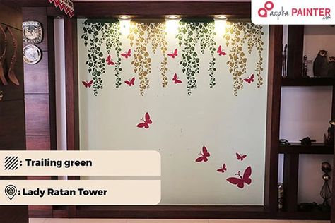 Best Trailing Green Wall Painting design for Living Room | Wall Painting Colour Ideas Mirror Border Painting, Color Combination For Wall, Border Painting Design, Design For Living Room Wall, Green Wall Painting, Wall Stencil Living Room, Painting Design Ideas, Leaf Wall Stencil, Honeycomb Wallpaper