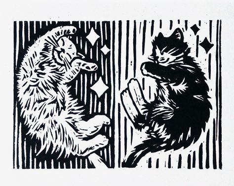 Handmade original lino print of cosy kittens.  Hand carved and printed in the UK by me, Cands! The design is based on my friends' beautiful, ethereal, long-haired kittens.  Printed on 220gsm paper with high-quality vegetableoil based ink. Available as A4 (both cats) or A5 (individual: choose from Black cat or White cat). Let the cats be a reminder that productivity is a myth - Please note the prints do not include a frame.  - Packaged in recycled paper and biodegradable cellophane plastic Linocut Prints 2 Color, Lino Fabric Print, Two Cats Together Drawing, Layered Lino Print, Lino Block Print, Black Cat Linocut, Block Print Inspiration, Linotype Illustration, Lino Print Animals