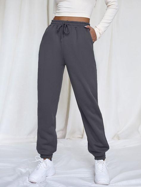 Drawstring Waist Slant Pockets Sweatpants Dark Grey Joggers Outfit Women, Dark Grey Joggers Outfit, Grey Joggers Outfit Women, Grey Joggers Outfit, Dark Grey Sweatpants, Joggers Outfit Women, Shein Basics, Pocket Sweatpants, Women Bottoms