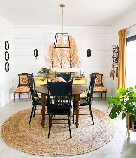 Round Kitchen Rug Under Table, Round Rug Under Dining Table, Round Rug In Kitchen, Round Dining Table With Rug, Round Rugs Dining Table, Low Ceiling Dining Room, Round Rug Under Kitchen Table, Rug Under Round Table, Round Dining Table Rug