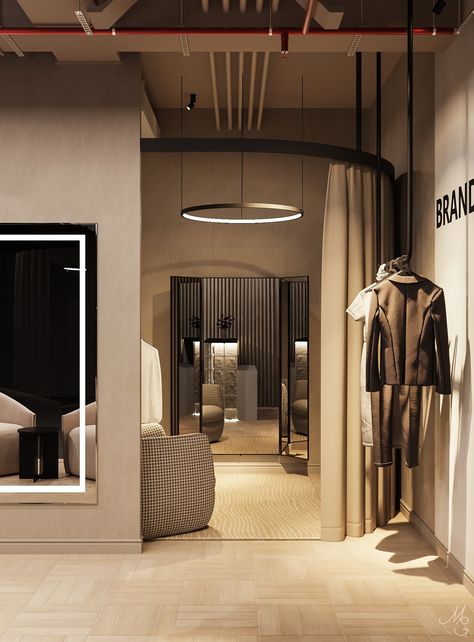 Menswear atelier interior :: Behance Luxury Fitting Room, Mens Boutique Interior Design, Showroom Clothing, Tailor Store, Atelier Interior, Fashion Atelier, Suit Stores, Retail Interior Design, Showroom Interior Design