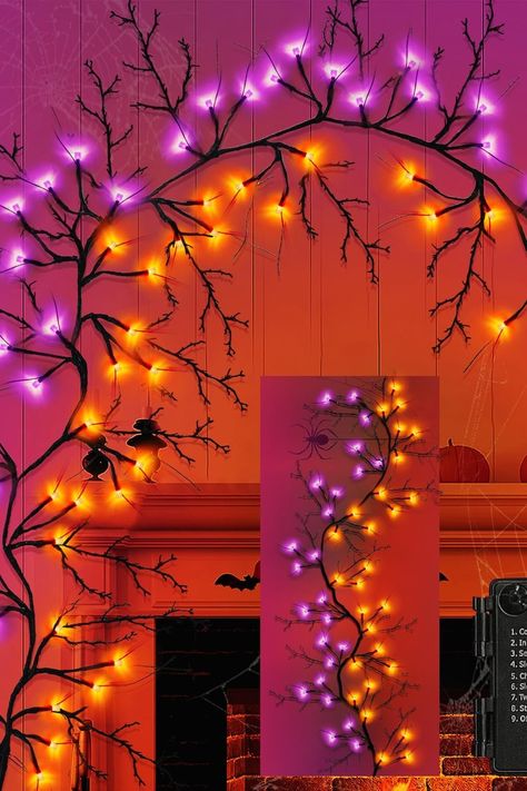 Twig Decor, Twigs Decor, Halloween Entryway, Halloween Lighting Outdoor, Purple Led Lights, Halloween Lights Decorations, Twig Lights, Halloween String Lights, Spider Light