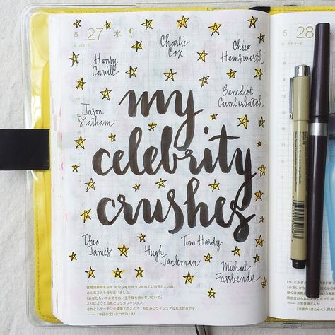 Day 27 of #listersgottalist: my celebrity crushes IG:@pepperandtwine Crush Page Diary, Celebrity Crush Journal Page, Crush Journal, Celebrities Crush, Character Journal, Lettering Handwriting, Johnny Knoxville, Adam Rodriguez, Songs List