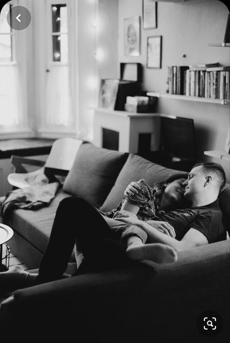 Couples Living Room, Indoor Engagement Photos, Home Photo Shoots, Cozy Basement, Bed Photos, Unique Engagement Photos, Cozy Couch, Hugging Couple, Living Room Photos