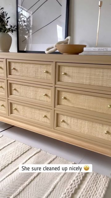 Rattan Dresser Makeover, Dresser With Rattan, Add Rattan To Dresser, Rattan Dresser Bedroom, Diy Rattan Dresser Makeover, Wicker Dresser Makeover, Redoing Rattan Furniture, Rattan Bedroom Dressers, Rattan Dresser