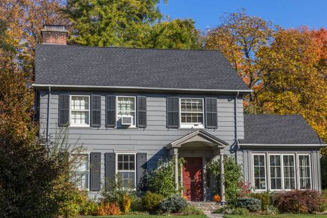 Grey House With Shutters, Gray House With Shutters, Shutter Colors For Grey House, Grey House Black Shutters, Dark Gray House Exterior, Dark Grey Houses, Grey Siding, Gray House Exterior, Shutter Colors