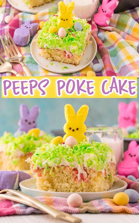 Easter Poke Cake, Peeps Dessert, Peeps Recipes, Peeps Cake, Strawberry Poke Cakes, Bunny Peeps, Poke Cake Recipe, Cake Mix Ingredients, Cadbury Eggs