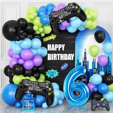 PRICES MAY VARY. 【Balloon Kit Contents】6th game birthday decorations kit includes: 21 blue balloons, 20 light blue balloon, 21 black balloons, 20 olive green balloons, 15 purple balloons, 2 video game foil balloons, 1pcs 32inch number 6 foil balloon, 5m balloon chain, balloon dispensing glue, 10m balloon ribbon. 【Excellent Latex Balloons】Our game balloons arch kit are made of excellent quality, safe and non-toxic latex material. Thick and reusable, you can trust they won't tear or crack when inf Boys 9th Birthday Party Ideas, Gaming Birthday Party Ideas Boys, 6th Birthday Boy Theme, Birthday Decor Balloons, Birthday Boy Theme, 10th Birthday Boy, Video Games Birthday Party, Decor Balloons, Green Balloons