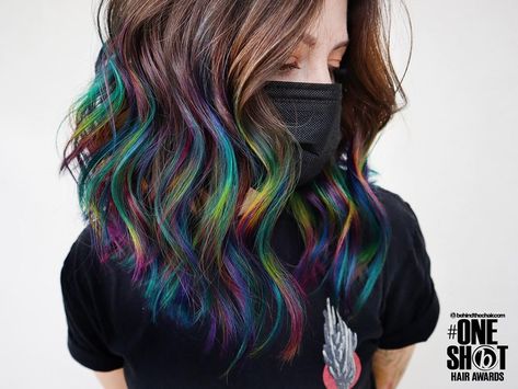 Oil Slick Hair Color Curly, Oil Slick Money Piece Hair, Brown Oil Slick Hair, Dark Prism Hair, Oil Slick Hair Color Brunettes Peekaboo, Oil Spill Hair, Oil Slick Hair Color, Crazy Hairstyles, Oil Slick Hair