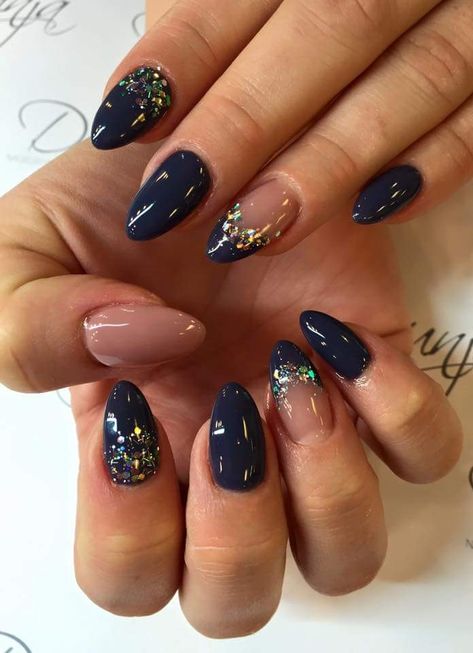 Navy Blue And Gold Marble Nails, Navy Nails With Gold Accent, Blue Gold Glitter Nails, Burgundy And Navy Nails Wedding, Navy And Gold Almond Nails, Navy Blue And Black French Tip Nails, Trendy Nails Navy Blue, Formal Nails Navy Blue, Navy Inspired Nails