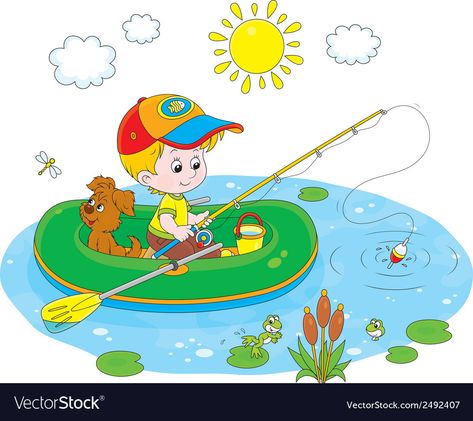 Boy And Cat, Kolam Air, Picture Composition, Clip Art Pictures, Royalty Free Clipart, Baby Painting, Free Vector Illustration, Boy Fishing, Boat Fishing