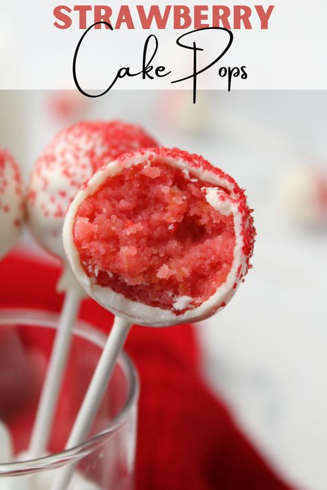 A simple dessert that's sure to make an impression this Valentine's Day are these easy strawberry cake pops. Made with boxed cake mix and melted white candy melts, it's a recipe anyone can make. #cakepops #strawberryrecipes #valentinesdayrecipes #cakemixrecipes Moist Strawberry Cake, Cheesecake Cake Pops, Easy Strawberry Cake, Cake Pop Flavors, Cake Pop Boxes, Cake Pop Recipe Easy, Chocolate Covered Graham Crackers, Strawberry Cake Pops, Strawberry Cake Easy