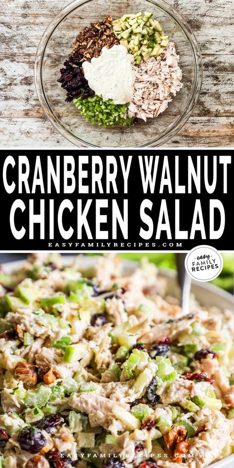 Our Easy Cranberry Walnut Chicken Salad is a versatile family recipe perfect for holiday gatherings, brunch, or a quick meal. Made with shredded chicken breast (or leftover turkey), this chicken salad features a medley of flavors, including crisp celery, sweet apples, and toasted walnuts. The result is a delightful blend of textures and tastes in every bite. Simplify your meal preparation with this quick and easy chicken salad, ensuring a hassle-free yet delicious addition to your table. Chicken Cranberry Walnut Salad, Paula Deen Chicken Salad, Chicken Salad With Walnuts Recipe, Quick And Easy Chicken Salad, Cranberry Walnut Chicken Salad, Cranberry Walnut Salad, Walnut Chicken Salad, Cranberry Salad Recipes, Walnut Chicken