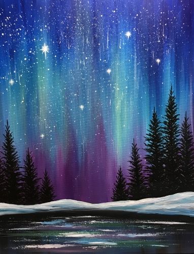 Bob Ross Painting Night, The Northern Lights Painting, January Paint Night Ideas, Winter Paint Night Ideas Easy, Paint Nite Paintings, Cold Painting Ideas, Winter Night Acrylic Painting, Northern Lights Art Project For Kids, Northern Lights Pastel Art