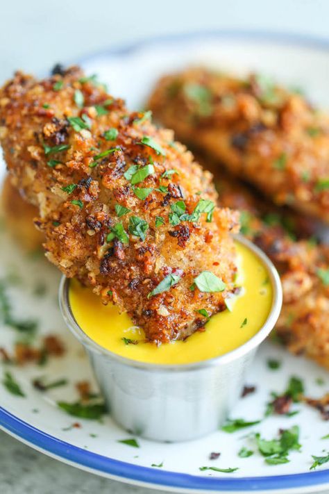 Honey Mustard Chicken Fingers Healthy Chicken Fingers, Pecan Crusted Chicken, Crusted Chicken Tenders, Honey Mustard Salmon, Pecan Chicken, Chicken Tender, Tasty Chicken, Honey Mustard Chicken, Chicken Tender Recipes