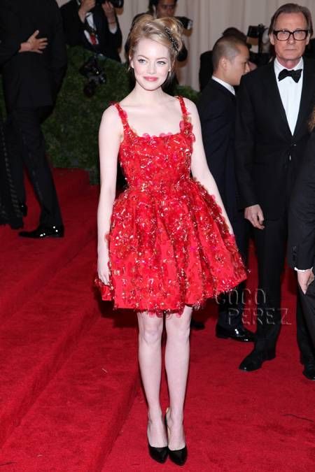 Emma Stone - darling in red. Red Satin Dress, Met Ball, Perez Hilton, Costume Institute, Reality Television, Emma Stone, Red Carpet Dresses, Celebrity Dresses, Lanvin